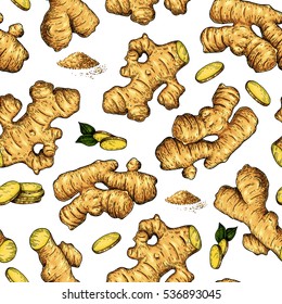 Ginger seamless vector hand drawn pattern. Root and sliced pieces. Artistic style colorful flavor illustration. Herbal spice. Detox food ingredient.