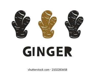 Ginger, silhouette icons set with lettering. Imitation of stamp, print with scuffs. Simple black shape and color vector illustration. Hand drawn isolated elements on white background