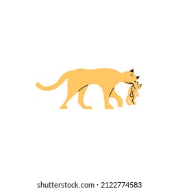 Ginger silhouette of mother cat carries a baby kitten isolated on white background. Flat Art Vector illustration