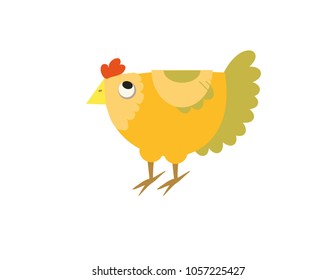 Ginger simple graphic chicken, hen with red tuft, yellow beak and green tale. Postcard, sticker.