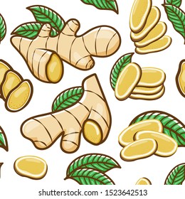 Ginger slice and leaf seamless pattern on white background. Vector illustration.