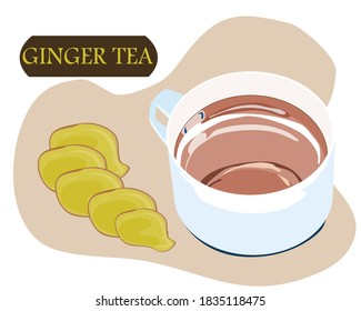 ginger sliced and a white cup of ginger tea with white background, vector illustration