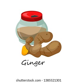 Ginger spice for Chinese dishes. Closed jar with powder. Can be used for topics like aroma, kitchen, herb
