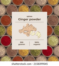 Ginger spice concept for packaging condiments. Seamless background and label.