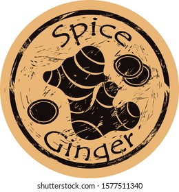 Ginger spice view icon vector round shabby emblem design, old retro style. Ginger root spicy ingredient logo mail stamp on craft paper. Cooking ingredient vintage grunge sign.