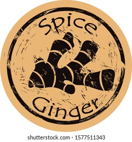 Ginger spice view icon vector round shabby emblem design, old retro style. Ginger root spicy ingredient logo mail stamp on craft paper. Cooking ingredient vintage grunge sign.