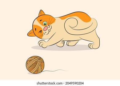 A ginger spotted cat plays with a ball of woolen threads for knitting. Pet. Vector.