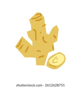 Ginger sprig with a cut piece in cartoon flat style. Vector format. Design element.