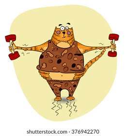 Ginger striped cartoon cat is lifting a weight dumbbells in a suit with leopard print. Power strong cat illustration on white background. Sportsman cat vector isolated.Gym cat people icon