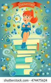 Ginger student girl, sitting on top of books. I love chemistry education concept. Vector illustration