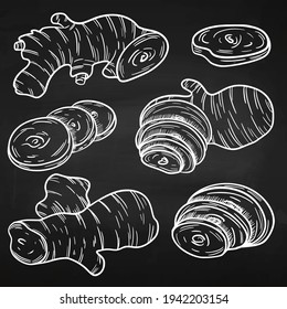 Ginger style hand drawing on a chalk board. Useful root vegetable. Herbal spices. Illustration in engraving style.