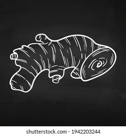 Ginger style hand drawing on a chalk board. Useful root vegetable. Herbal spices. Illustration in engraving style.