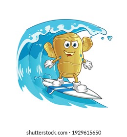 ginger surfing on the wave character. cartoon mascot vector