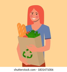 Ginger sweet yong girl with grocery bag, flat vector illustration. Oganic, eco and naturale concept