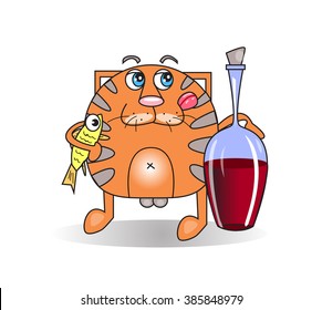 ginger tabby cat cartoon testikles with a bottle of wine and fish vector. Cat licking tongue