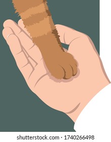 The ginger tabby cat laid its paw on the man’s open palm. The illustration symbolizes the care of the animal. Protection of animal rights. Vector flat design