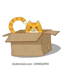 Gato de jengibre sentado en una caja. La cola y la cabeza se asoman fuera de la caja. Ilustración vectorial Cola rayada y bozal rojo rayado de un gato con ojos astutos mirando su caja de paquetes de cartón. Aspecto