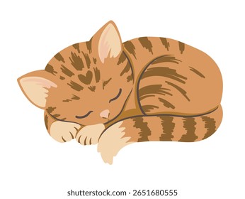 Ginger tabby cat sleeping in cute cartoon vector style. Hand drawn pet character with relaxed mood perfect for web card, sticker design and book illustration or dreamy animal themed decoration.