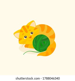 Ginger tabby kitten with a ball of green threads. Vector character