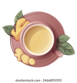 Ginger tea in cup. Illustration for tea shop, cafe, bar, party, tea ceremony, food concept. Vector illustration for menu, poster, website, banner, flyer, cover, invitation