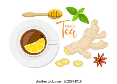 Ginger Tea. Cup of tea with lemon. Ingredients for tasty and healthy hot drink. Design for party invitation, card, teashops, banner, tea label, tea company, cafe or restaurant advertising, home decor
