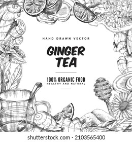 Banner de marco de té jengibre en estilo de esbozo monocromo, ilustración vectorial en fondo blanco. Raíz de jengibre, limón y miel con espacio de copia para texto. Diseño de etiquetas o paquetes.