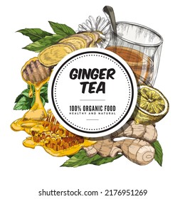 Ginger tea frame or label with empty badge for text and colorful hand drawn plant and herbs ingredients, sketch vector illustration. Ginger tea banner layout.