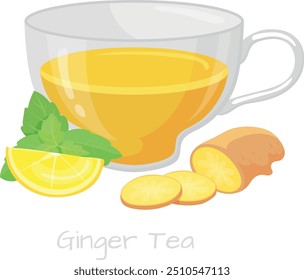 Ginger tea in glass cup. Healthy hot drink isolated on white background
