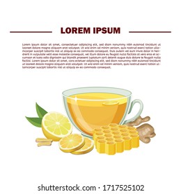Ginger tea in glass cup isolated on white background. Ginger root, lemon slice, lemon slice, honeycomb. Vector illustration cartoon flat icon isolated on white.