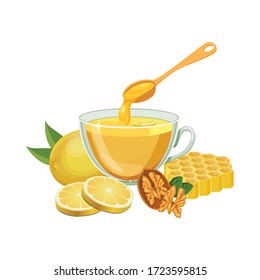 Ginger tea in glass cup isolated on white background. Ginger root, Ginger slice, lemon slice, whole lemon, Walnut and honeycomb. Vector illustration cartoon flat icon isolated on white.