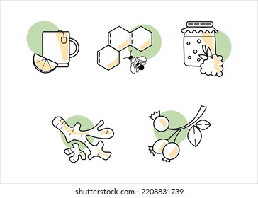 Ginger tea in glass cup isolated on white background.Ginger root,lemon slice, honeycomb.Vector illustration of hot drink in flat simple cartoon style.Warming drink to strengthen the immune system. 