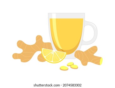 Ginger tea in a glass cup and ginger root with lemon on a white background. Warming drink to strengthen the immune system. Flat vector illustration