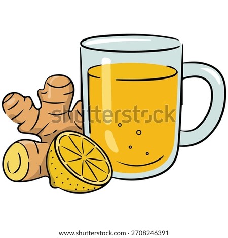 Ginger tea glass cup ginger root lemon isolated vector illustration on white background
