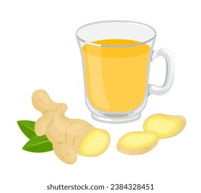 Ginger tea in glass cup. Vector cartoon flat illustration.
