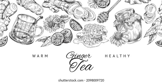 Ginger tea hand drawn vintage style background, engraving monochrome vector illustration. Banner backdrop with ginger root, lemon and honey for preparing hot drink.