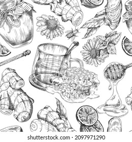 Té jengibre con miel, limón, menta y camomila. Patrón sin foco con hierbas, pepita y cítricos para tratar resfriados. Esbozar el fondo para el concepto de comida saludable. Ilustración vectorial.