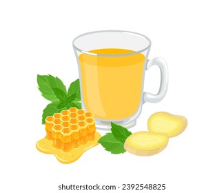 Ginger tea with honey and mint in glass cup. Vector cartoon flat illustration of healthy drink.