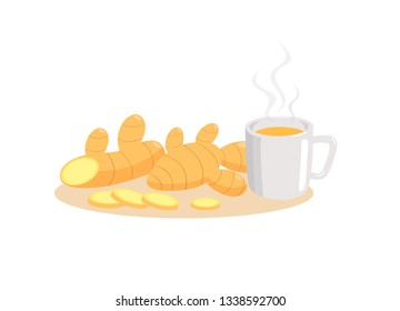 Ginger and ginger tea isolated on white background.