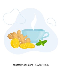 Ginger tea with lemon and mint. Vector illustration in cartoon style. A cup of hot drink with ingredients around. Composition on the background of a fluid form.