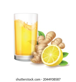 Ginger tea with lemon. Realistic ginger root and glass of tea or ale. Vector illustration.