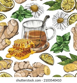 Ginger tea seamless pattern in hand drawn sketch style on white background. Glass cup, honey, ginger root and mint leaves with chamomile flower. Healthy and warm herbal tea.