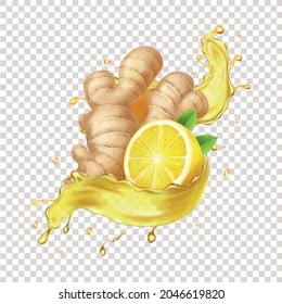 Ginger tea splash. Ginger root, lemon realistic in yellow splashing tea or ale Vector illustration.