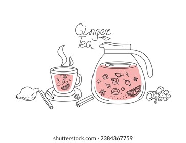 Ginger tea in a teapot and cup. Tea parties. Hot healthy drink with lemon, ginger, mint, spices. Line icons, Doodle drawings. Calligraphic inscription. Vector illustration of tea time icons.