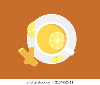 Ginger tea in a white cup and ginger root with lemon. Warming drink to strengthen the immune system. Top view. Flat vector illustration
