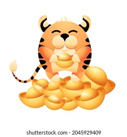 Ginger tiger holding a shiny ingot of gold. Symbol of the new 2022 Chinese New Year stands on mountain of golden bars. Cute striped character for July poster or calendar. Vector isolated illustration