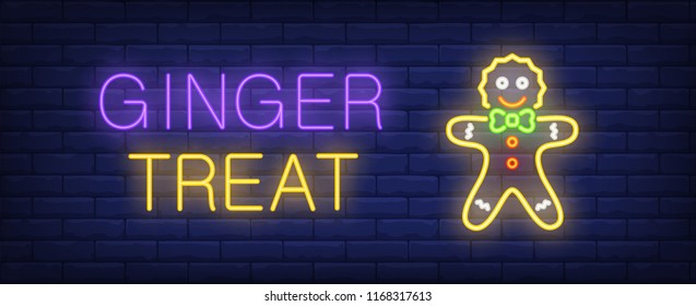 Ginger treat neon sign. Gingerbread man on brick wall background. Vector illustration in neon style for Christmas and New Year celebration