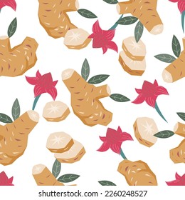 Ginger or turmeric roots and flowers seamless pattern design, hand drawn flat vector illustration on white. Seamless endless background with ginger plant for natural tea and medications.