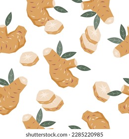 Ginger or turmeric seamless decorative pattern design, hand drawn flat vector illustration on white. Seamless endless background texture for ginger and tea packs design with ginger.