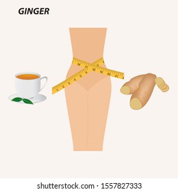 Ginger for weight loss - figure, measuring tape, cup of tea, root - isolated on a light background - vector