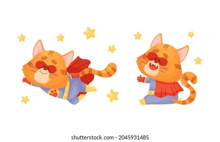 Ginger Whiskered Cat in Red Superhero Cloak Sitting and Flying Vector Set